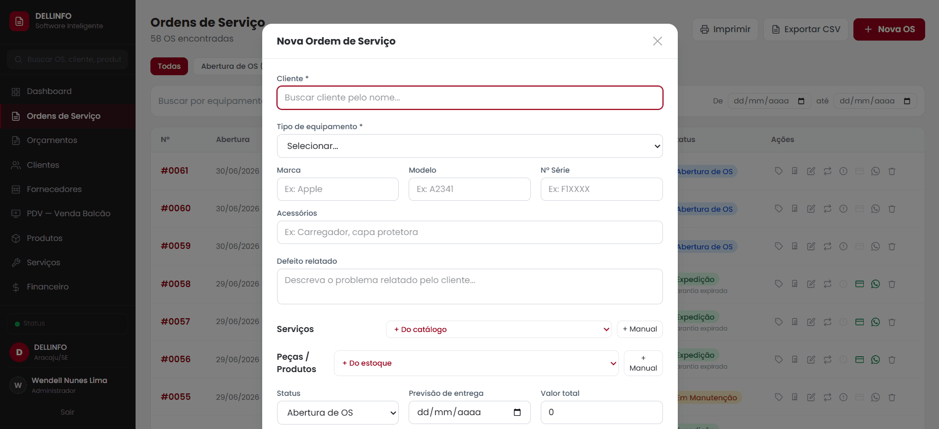 Tela de Ordens de Serviço do DELLINFO Gestão